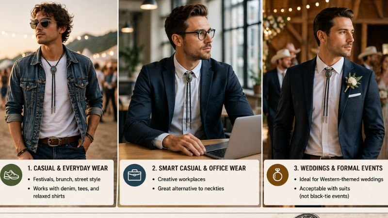 When to wear a bolo tie visual guide showing casual, office, and formal outfit styles with modern fashion examples