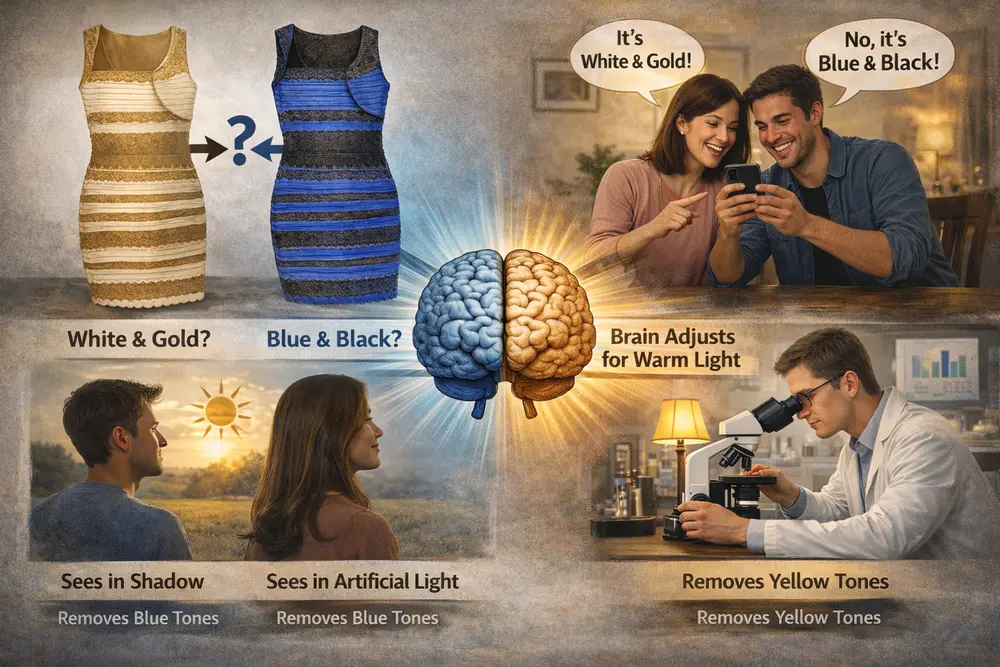 White and gold dress illusion explained with real people comparing blue-black and white-gold dress colors