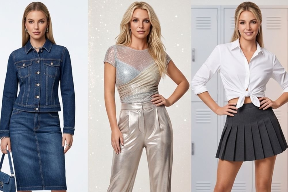 Editorial collage inspired by Britney Spears 2000s fashion with denim, metallic, and school-style looks