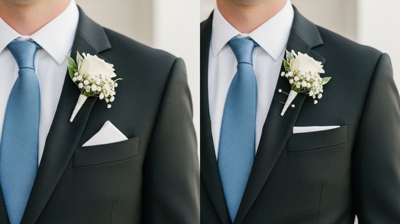 Why Proper Boutonniere Placement Matters showing correct left lapel vs incorrect low loose boutonniere styling example