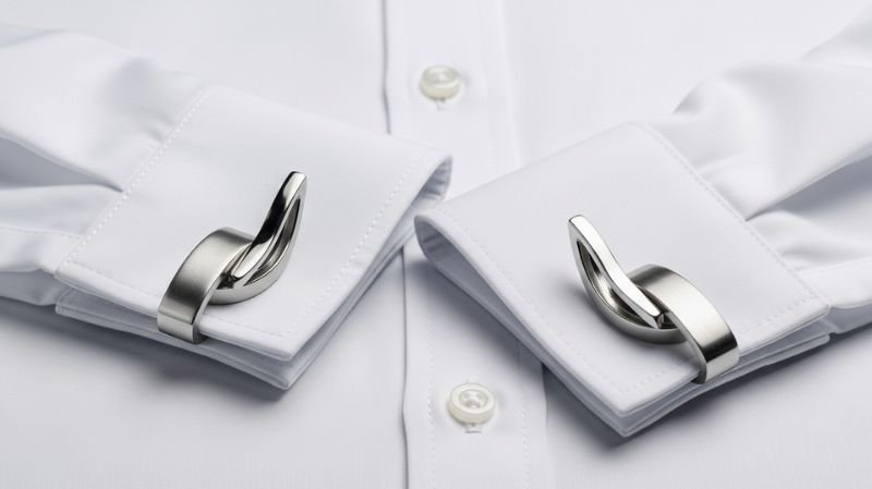 Silver Wraparound Cufflinks on white dress shirt cuffs, showcasing sleek modern design and secure stylish fastening detail