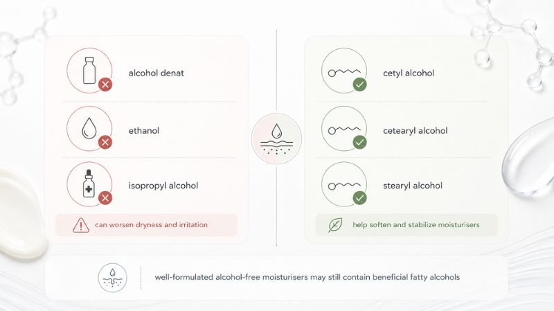 7 Best Fragrance Free Moisturisers for Dry Skin Are Alcohol Free Moisturisers Better for Dry Skin? infographic comparing drying vs fatty alcohols in skincare formulas