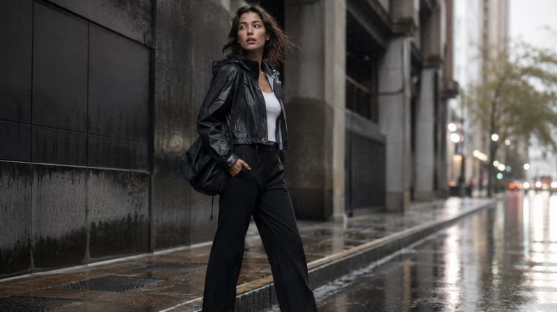 Woman styling a waterproof jacket in rainy city streets showing why windbreakers beat heavy coats in warm rain