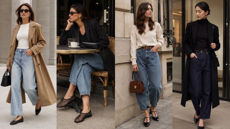 Best Ballet Flat Styles for Barrel Jeans featuring chic Parisian outfits with modern ballet flats and denim looks