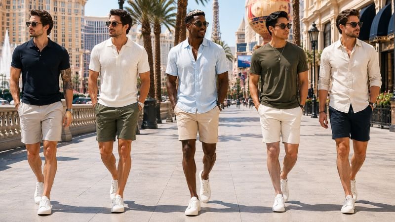 Best Daytime Vegas Outfit Ideas for Men with stylish casual summer looks and smart streetwear on the Las Vegas Strip