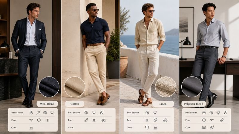 Best Fabrics for Slacks Pants infographic comparing wool blend, cotton, linen, and polyester blend for style, comfort, and season.