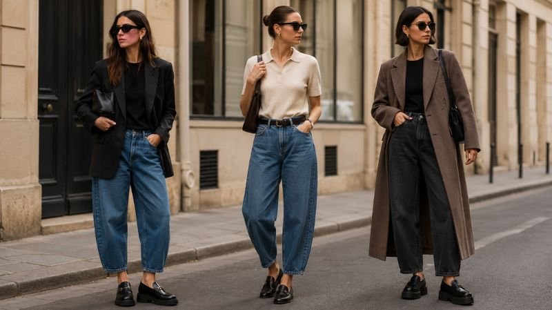 Best Loafers to Wear With Barrel Jeans featuring chunky, penny, and platform loafers in chic street style looks