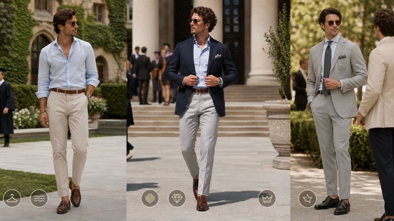 What to Wear for Graduation as a Guest: Stylish Outfit Ideas Best Men’s Graduation Outfit Ideas featuring smart casual, semi-formal, and formal guest looks in luxury campus fashion styling.