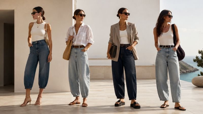 Best Sandals to Wear With Barrel Jeans featuring strappy, flat, platform and flip-flop sandals in chic summer looks