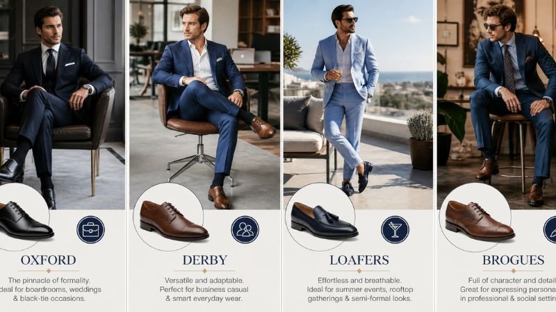 Best Shoe Types to Wear with Blue Suits: Oxford, Derby, loafers and brogues styled with navy and light blue suits