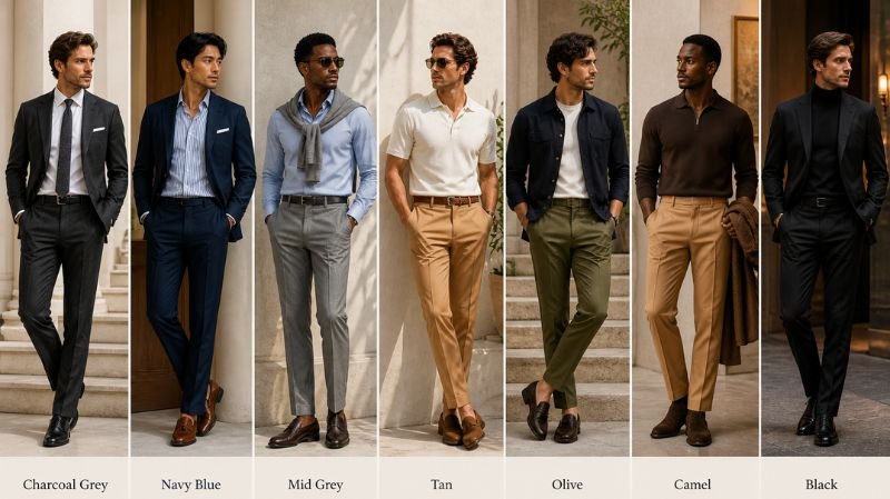 Best Slacks Colors to Own First guide with luxury menswear outfits in charcoal, navy, grey, tan, olive, camel, black
