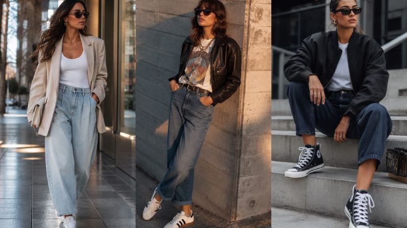 Best Sneakers to Wear With Barrel Jeans featuring chic white, retro, and high-top sneaker outfit styling ideas.