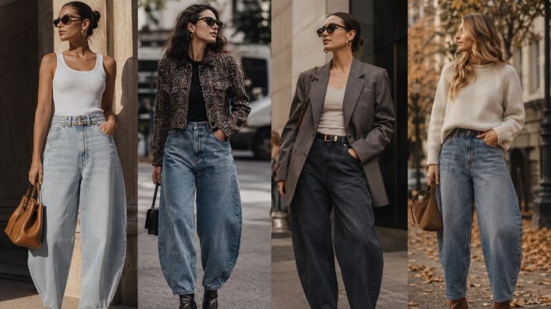 Best Tops for Barrel Jeans featuring tank tops, cropped jackets, blazers, and knit sweaters in chic street style