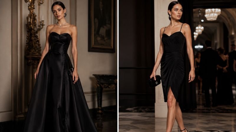 Black Tie Dress Etiquette for Women: Ultimate Outfit Ideas Black tie dress compared with cocktail attire for women