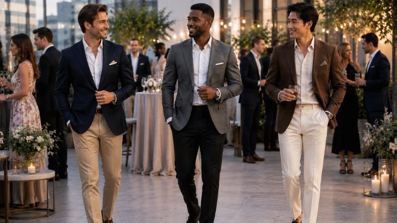 What Is Semi Formal Wedding Attire? Best Wedding Guest Looks Stylish men wearing blazer and dress pants at an elegant rooftop evening event with modern smart casual fashion.