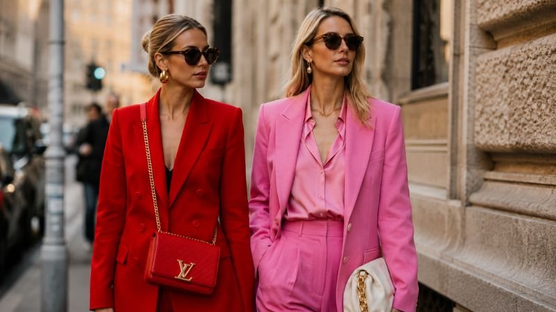 What Colors Go Well With Red? Modern Outfit Ideas Ultra-realistic horizontal street style fashion editorial featuring two women wearing bold red and pink outfits with luxury accessories during fashion week, cinematic city background, vibrant but balanced styling, high-end fashion photography