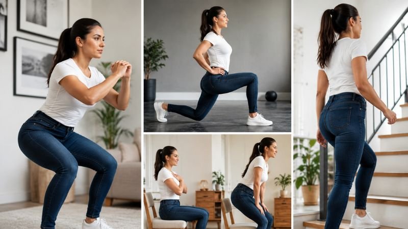 Can Exercise Stretch Tight Jeans Naturally? Person doing squats, lunges, stairs, and chair movements in denim