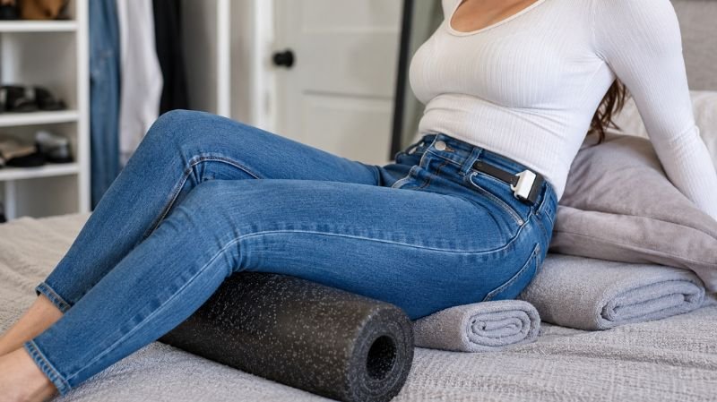 Can Household Items Help Loosen Jeans? Person stretching tight blue jeans using towels, foam roller, and pillows