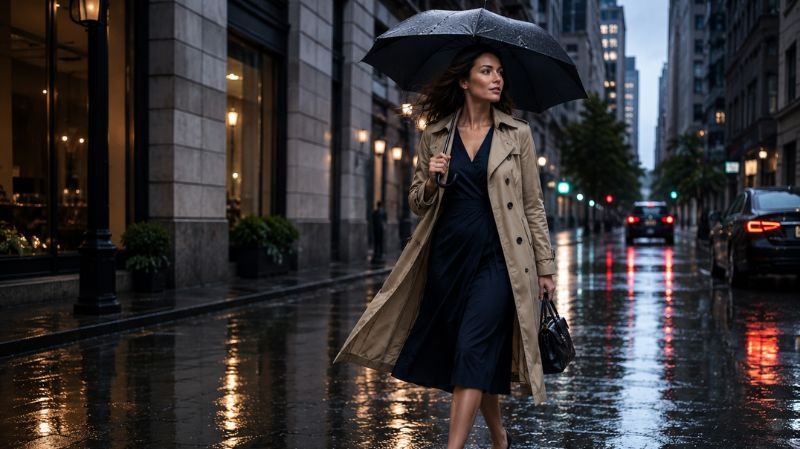 Woman in a quick-dry midi dress and trench coat walking stylishly through rainy city streets in elegant wet-weather fashion