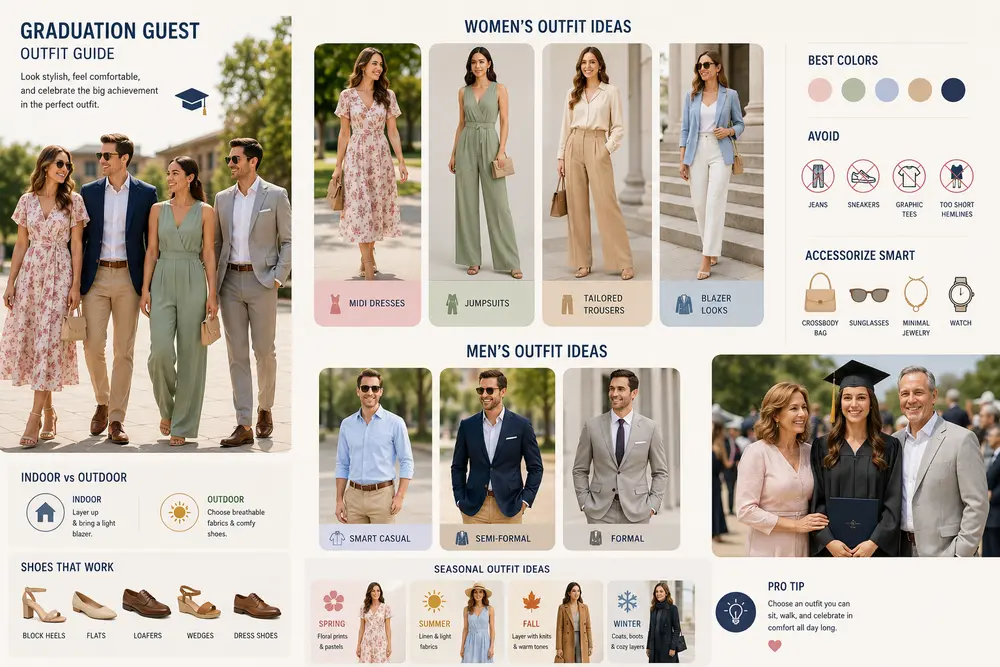 What to Wear for Graduation as a Guest: Stylish Outfit Ideas What to wear for graduation as a guest outfit guide with stylish dresses, jumpsuits, blazers, smart casual looks, and seasonal ideas