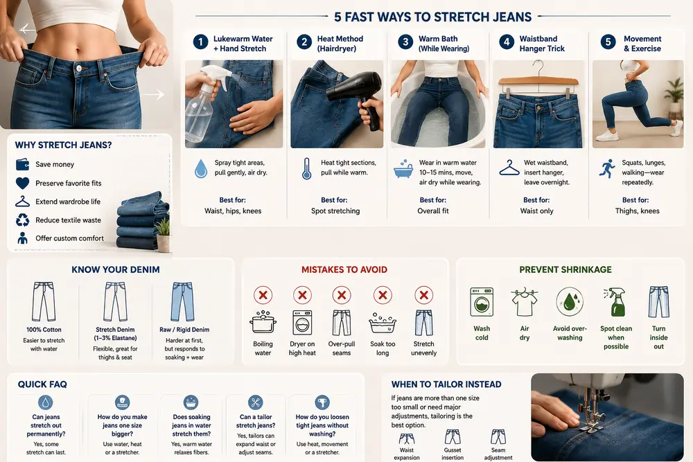 How to Stretch Out Jeans Fast: Easy Fixes for a Perfect Fit using water, heat, movement, and waistband hacks