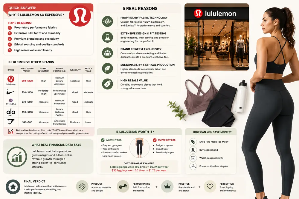 Why is Lululemon so expensive infographic showing premium fabrics, brand value, durability, resale strength, and pricing comparison