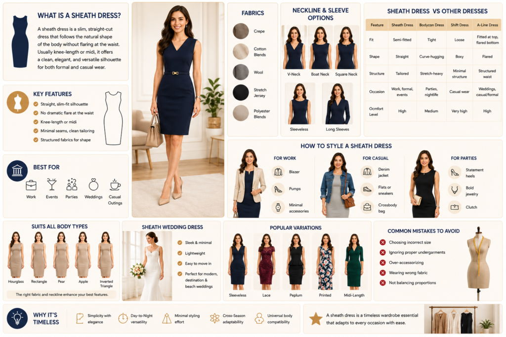 What is a sheath dress infographic showing slim-fit styles, body types, fabrics, office wear, and modern styling ideas