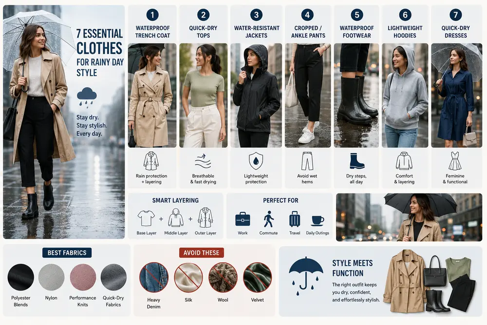 Clothes to wear on a rainy day with waterproof coats, quick-dry outfits, hoodies, boots, and stylish wet-weather looks