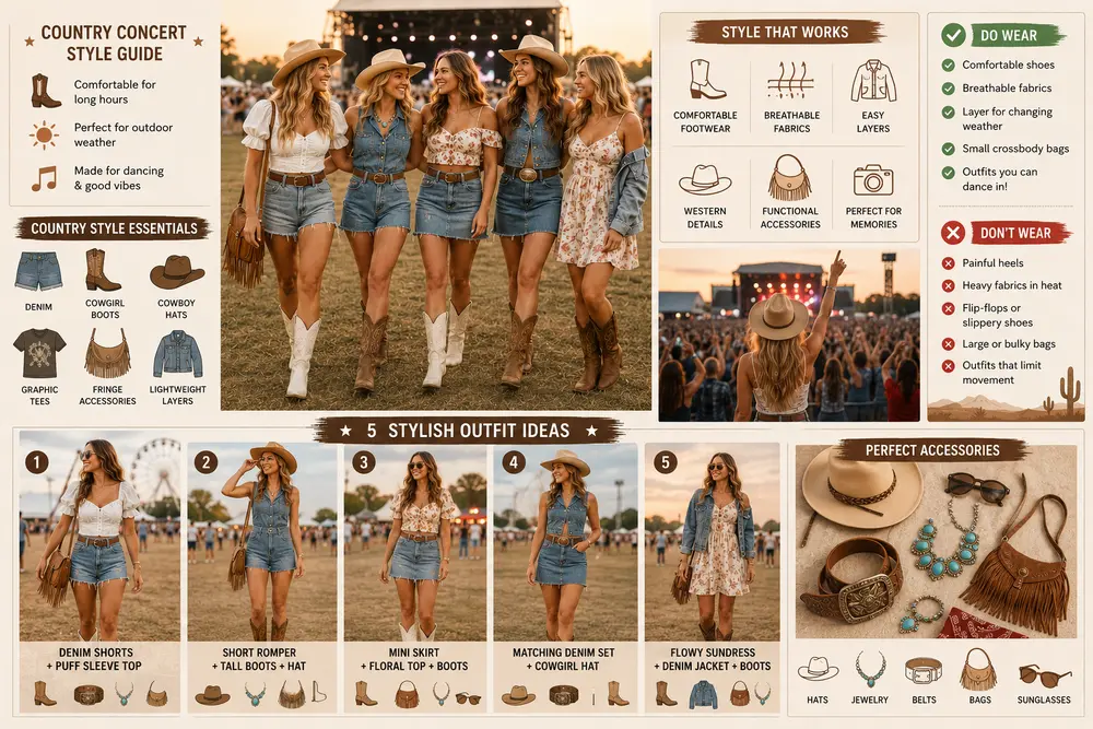 What to wear to a country concert with stylish denim outfits, cowgirl boots, dresses, and Western accessories