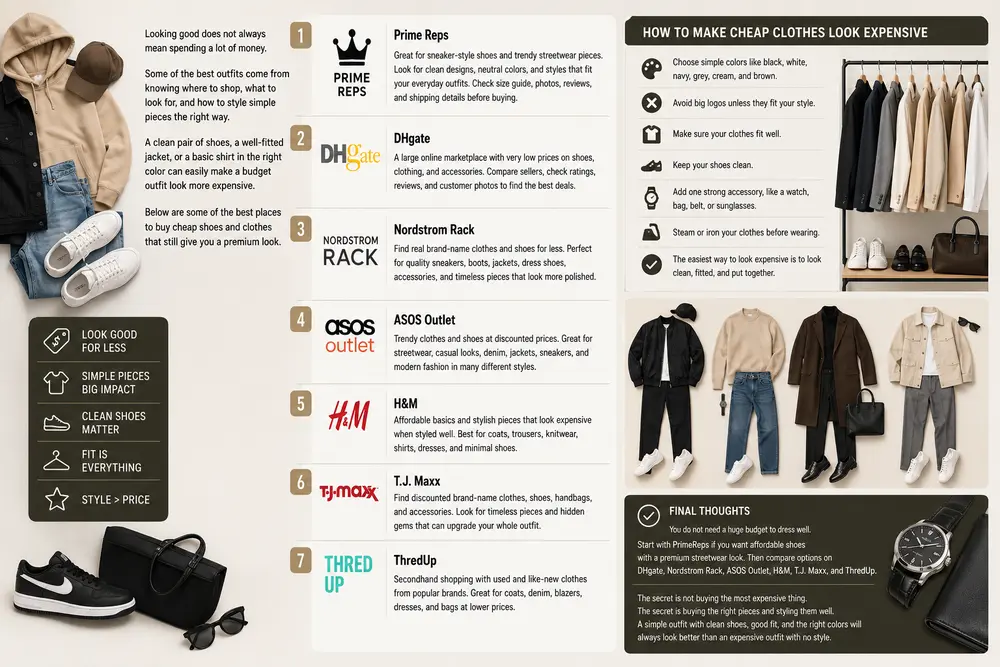 7 Websites to Buy Cheap Shoes & Clothing infographic listing budget fashion stores, style tips, outfit ideas collage online.