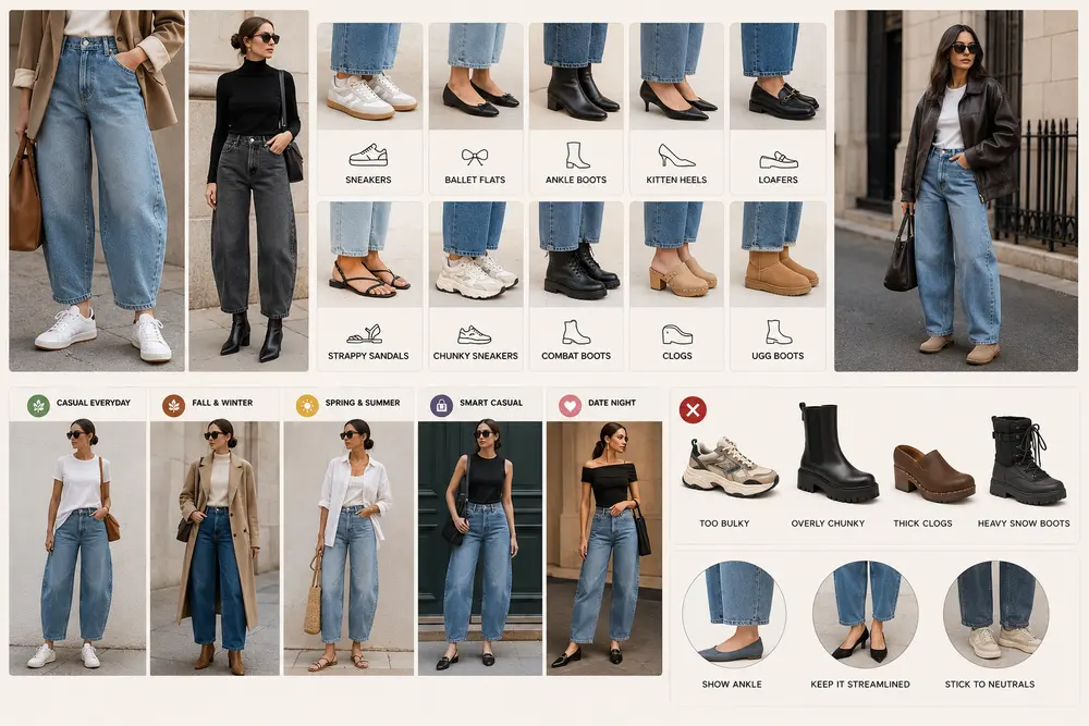 What shoes to wear with barrel jeans featuring sneakers, boots, loafers, ballet flats, and stylish outfit ideas