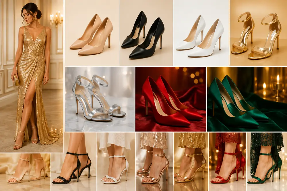 What Colour Shoes to Wear With a Gold Dress: Best Pairings featuring nude, black, white, red and metallic heels