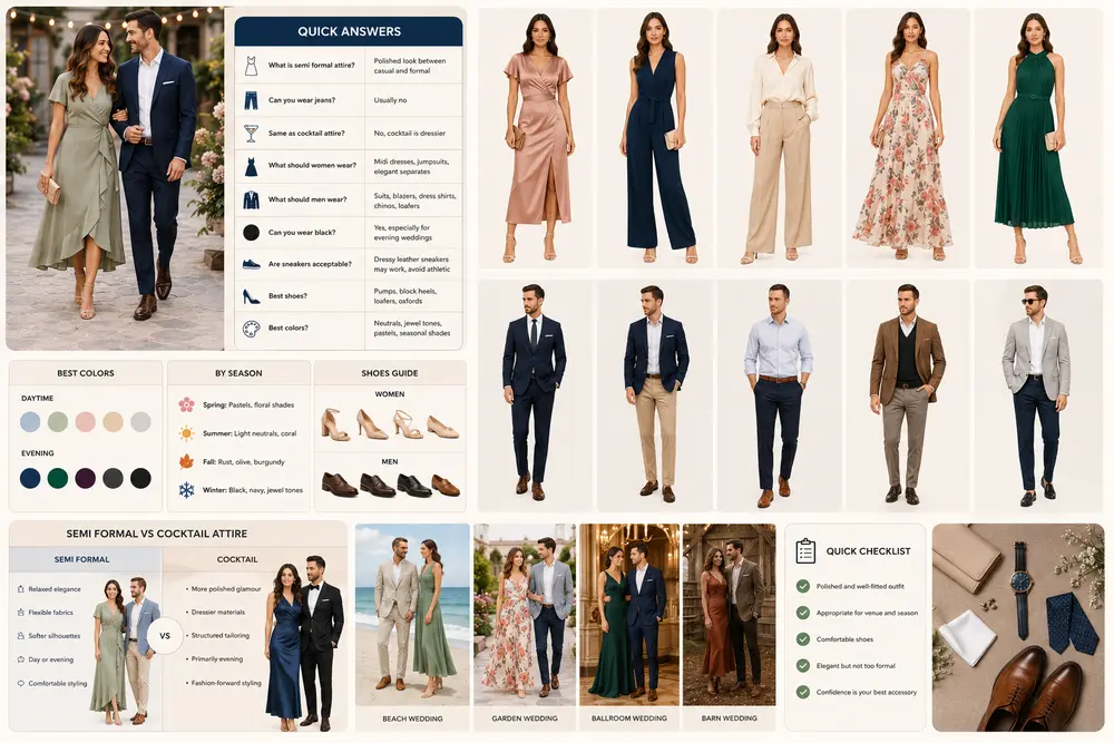 What Is Semi Formal Wedding Attire? Best Wedding Guest Looks What Is Semi Formal Wedding Attire? Best wedding guest looks with elegant dresses, suits, shoes, and style ideas