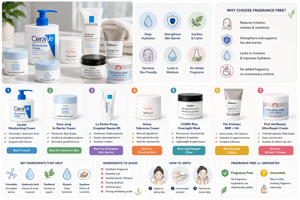 7 Best Fragrance Free Moisturisers for Dry Skin Fragrance free moisturiser for dry skin comparison chart featuring hydrating creams for sensitive skin repair