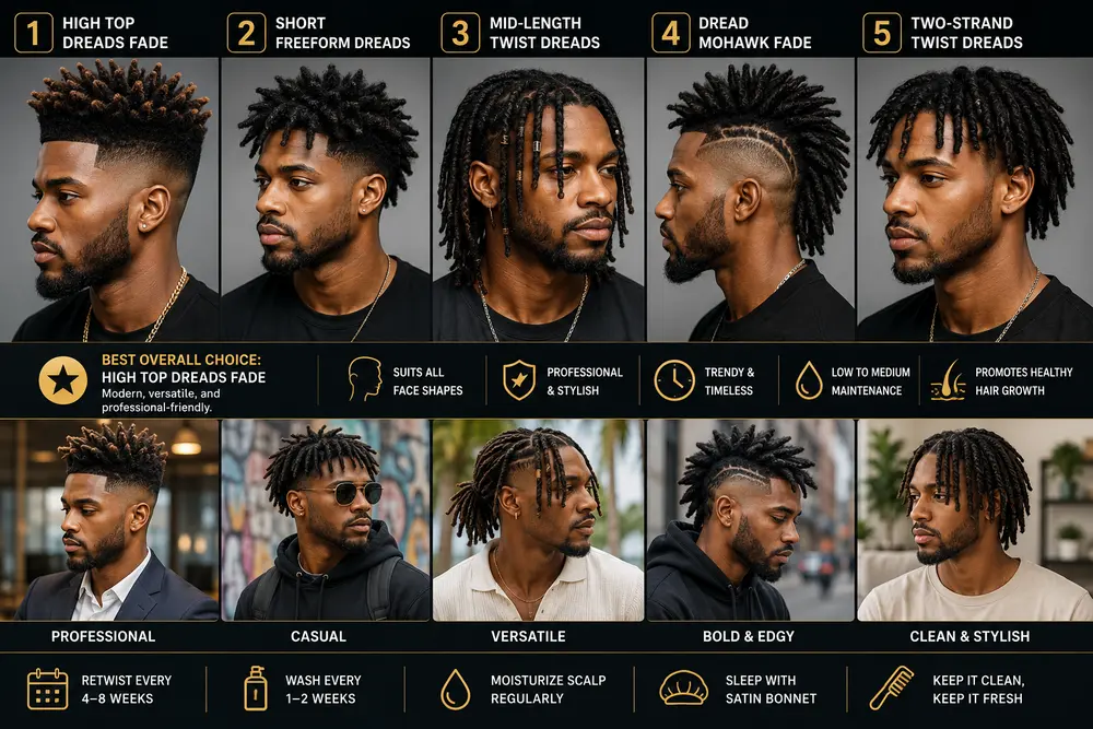 5 Best Dread Hairstyles for Guys in 2026: Top Men’s Styles Modern dread hairstyles for guys in 2026 featuring high top fades, twist dreads, mohawk locs, and freeform styles.