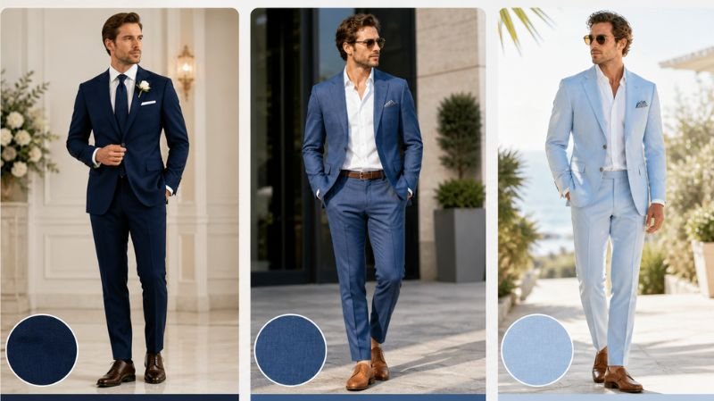 Choosing the Right Shade of Blue Suit infographic comparing navy, mid blue and light blue suits for formal, smart casual use