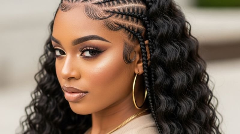 Classic Fulani Jayda Wayda Braids with Curls featuring sleek cornrows, laid edges, soft waves, and glamorous protective styling.