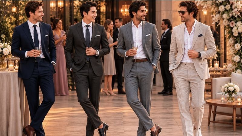 What Is Semi Formal Wedding Attire? Best Wedding Guest Looks Men wearing Classic Suit styles at a semi-formal wedding in navy, charcoal, grey, and light summer tailoring
