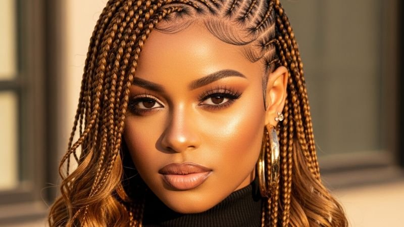 Color Pop Jayda Wayda Braids with honey blonde highlights, sleek Fulani braids, soft waves, laid edges, and bold glam styling.