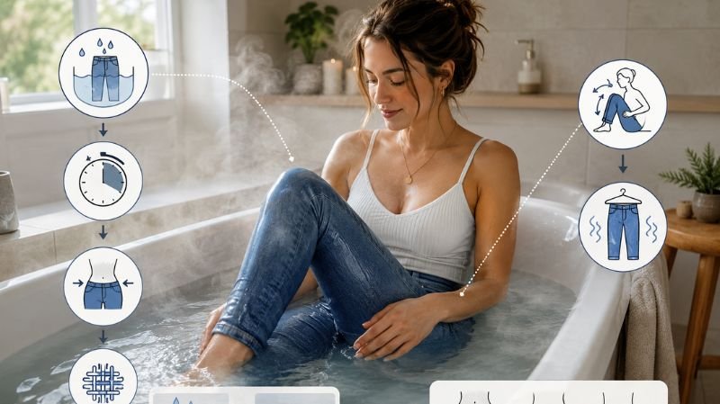 Does Wearing Jeans in a Warm Bath Work? Person soaking in jeans to stretch denim fit in a modern bathroom.
