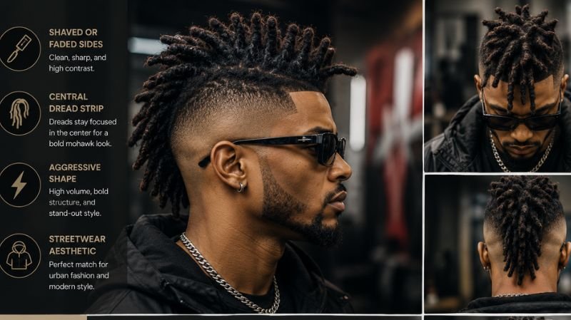 5 Best Dread Hairstyles for Guys in 2026: Top Men’s Styles Dread Mohawk Fade for men with shaved sides, bold central dread strip, sharp fade, and streetwear-inspired high-fashion style.