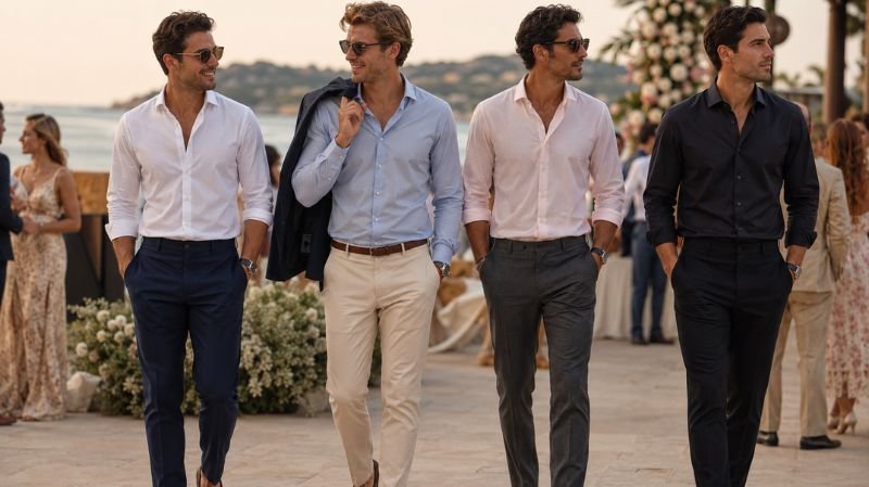 What Is Semi Formal Wedding Attire? Best Wedding Guest Looks Four men in Dress Shirt Without Tie styling at outdoor wedding, semi-formal beach ceremony fashion, elegant no-tie look style