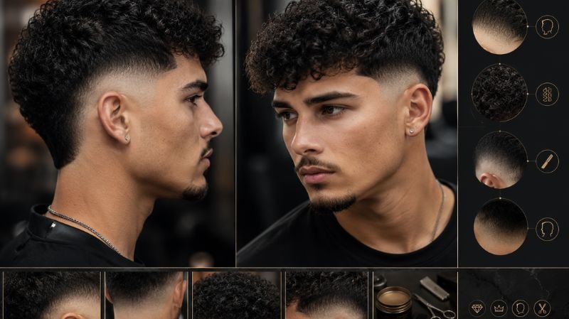 Luxury men’s Drop Fade haircut with defined curls, curved fade blend, sharp contour lines, and premium barber styling