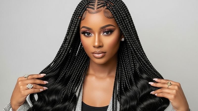 Extra-Long Mermaid Jayda Wayda Hair with sleek Fulani braids, waist-length waves, laid edges, and luxurious red-carpet glam.