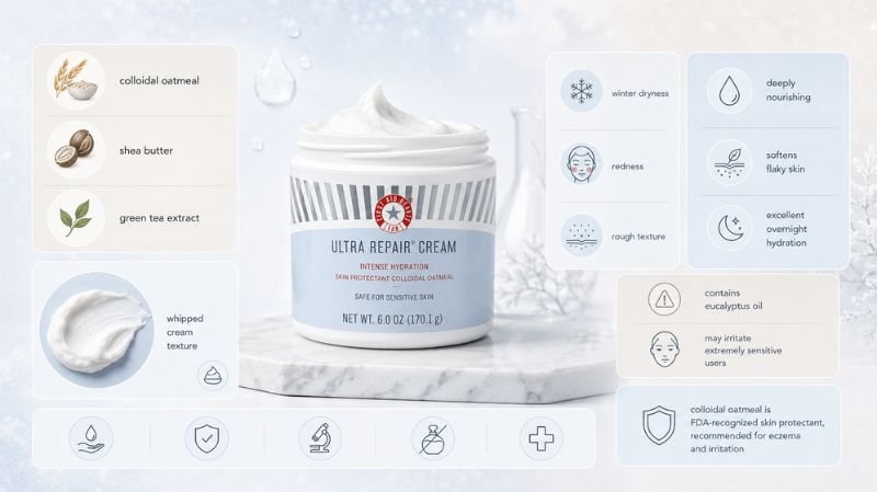 7 Best Fragrance Free Moisturisers for Dry Skin First Aid Beauty Ultra Repair Cream infographic with ingredients, whipped texture, and hydration benefits for winter dry skin