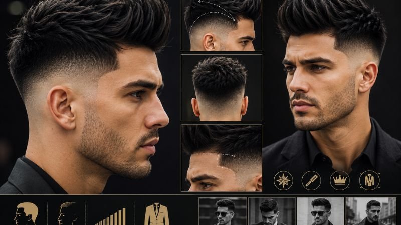 High Taper haircut guide for men featuring sharp side profile, bold contrast fade, textured volume top, and modern luxury grooming.