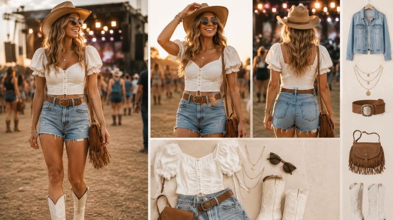 High-Waisted Denim Shorts + Puff Sleeve Top with cowgirl boots and trendy country concert outfit styling