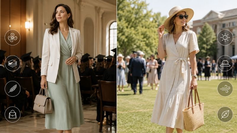 What to Wear for Graduation as a Guest: Stylish Outfit Ideas How Should You Dress for Indoor vs Outdoor Graduation Ceremonies? Elegant women’s guest fashion for indoor layers vs outdoor sun-safe style.