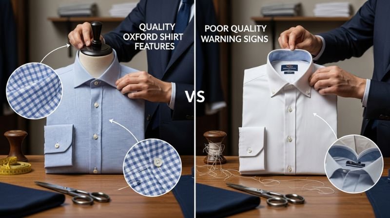 How to Buy a Quality Oxford Shirt showing premium fabric details vs poor quality warning signs in shirt construction