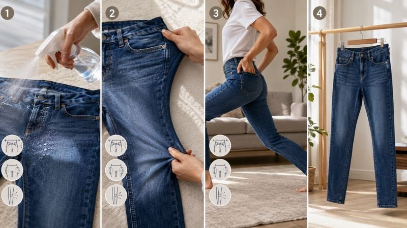 How to Stretch Jeans with Lukewarm Water infographic showing spray, stretching, wearing damp denim, and air drying
